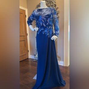 Tadashi Shoji two-tone crepe gown with sequins and floral embroidery